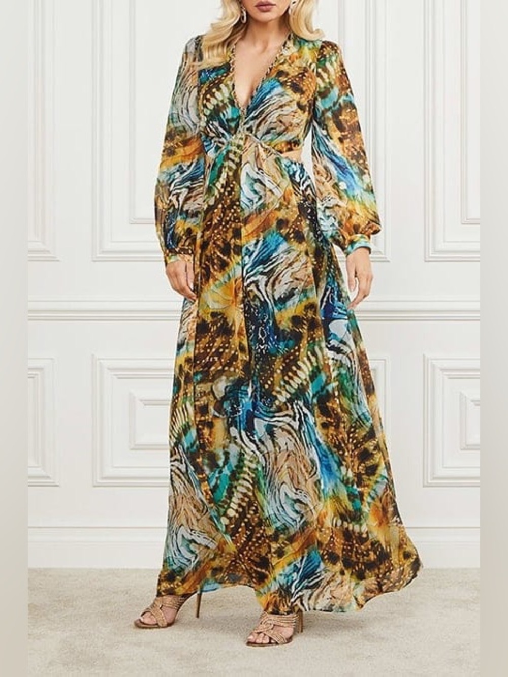 New Marciano Multi-Color Printed V-Neck Long Sleeve Maxi Dress